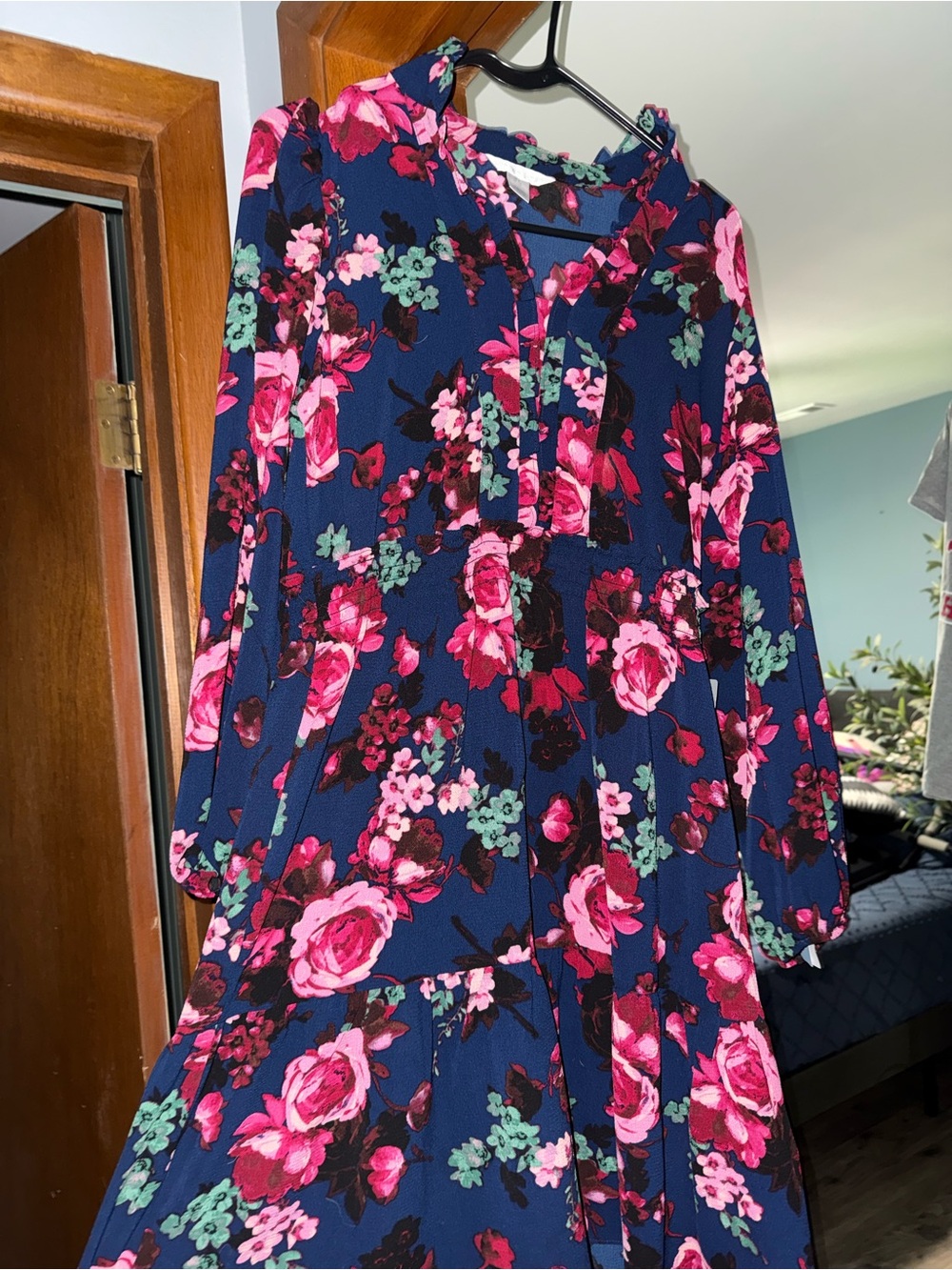 London Times Navy Dress with Pink and Green Floral Print